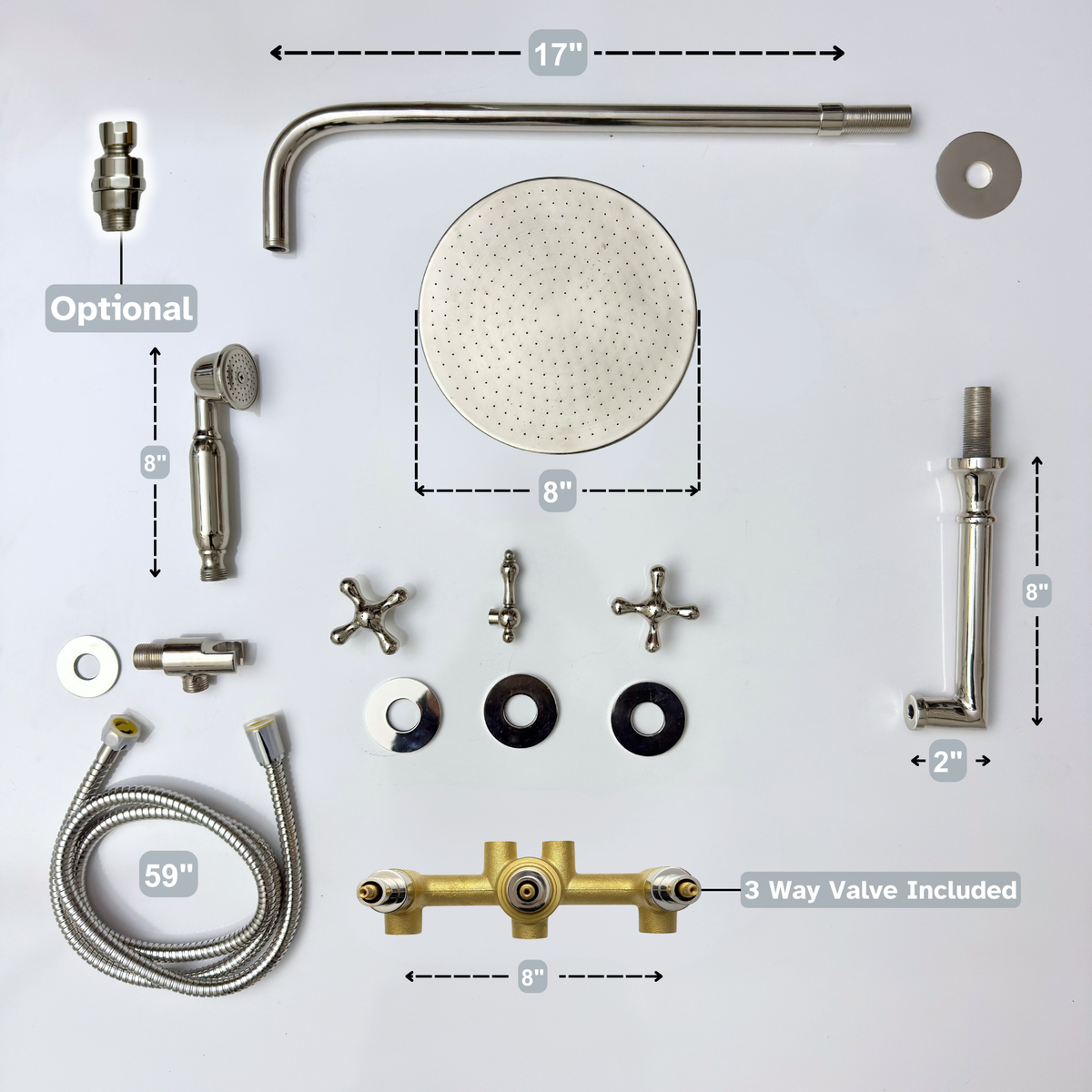 Polished Nickel Adjustable Flat Round Rain Shower System with Handheld & Tub Filler — Straight arm (PNCSS-019) — detail view 15