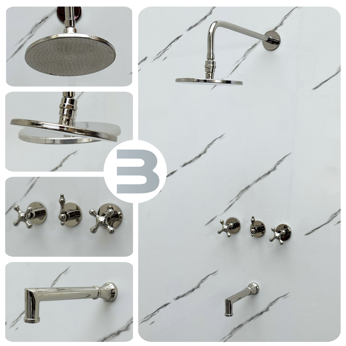 Polished Nickel Adjustable Flat Round Rain Shower System with Tub Filler — Straight arm (PNCSS-018) — detail view 3