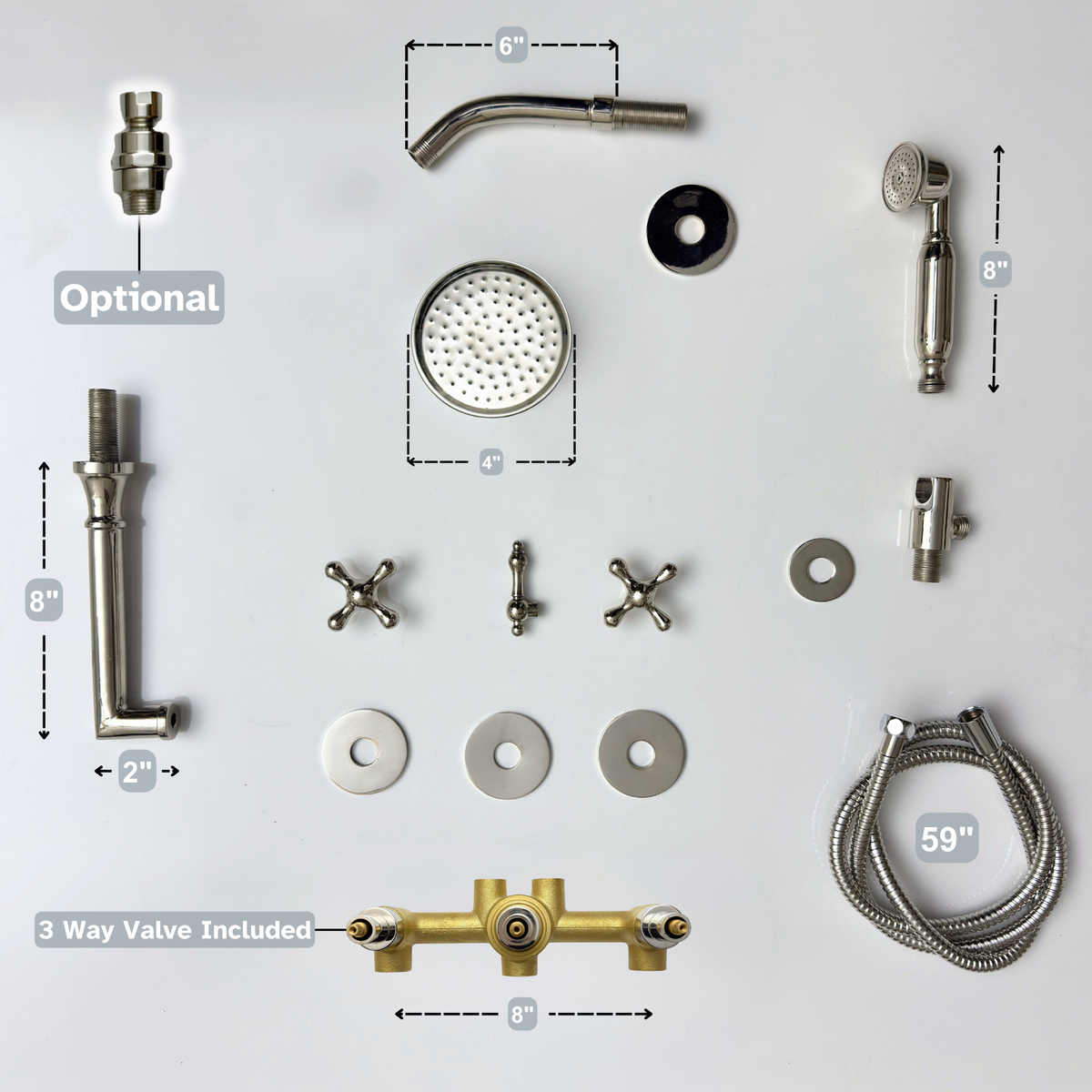 Polished Nickel Adjustable Round Rain Shower System with Handheld & Tub Filler — Short arm (PNCSS-021) — detail view 15