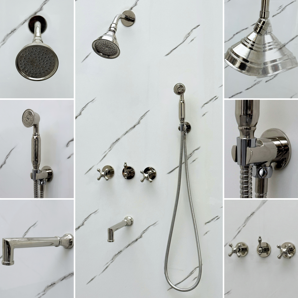 Polished Nickel Adjustable Round Rain Shower System with Handheld & Tub Filler — Short arm (PNCSS-021) — detail view 3