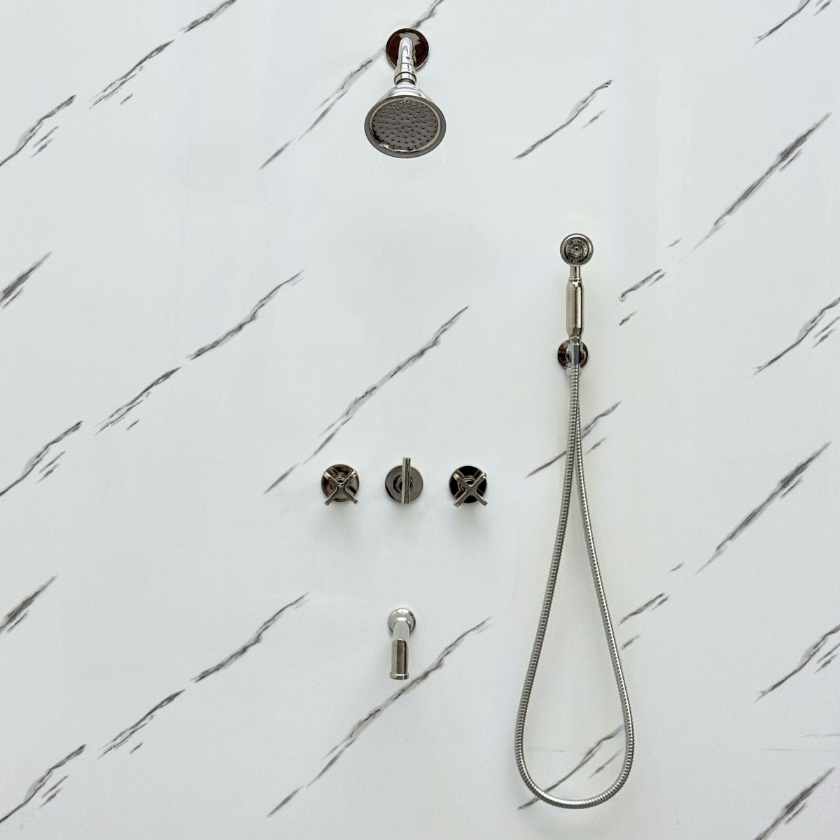 Polished Nickel Adjustable Round Rain Shower System with Handheld & Tub Filler — Short arm (PNCSS-021) — detail view 5