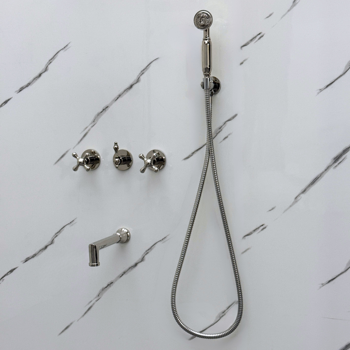 Polished Nickel Adjustable Round Rain Shower System with Handheld & Tub Filler — Short arm (PNCSS-021) — detail view 8