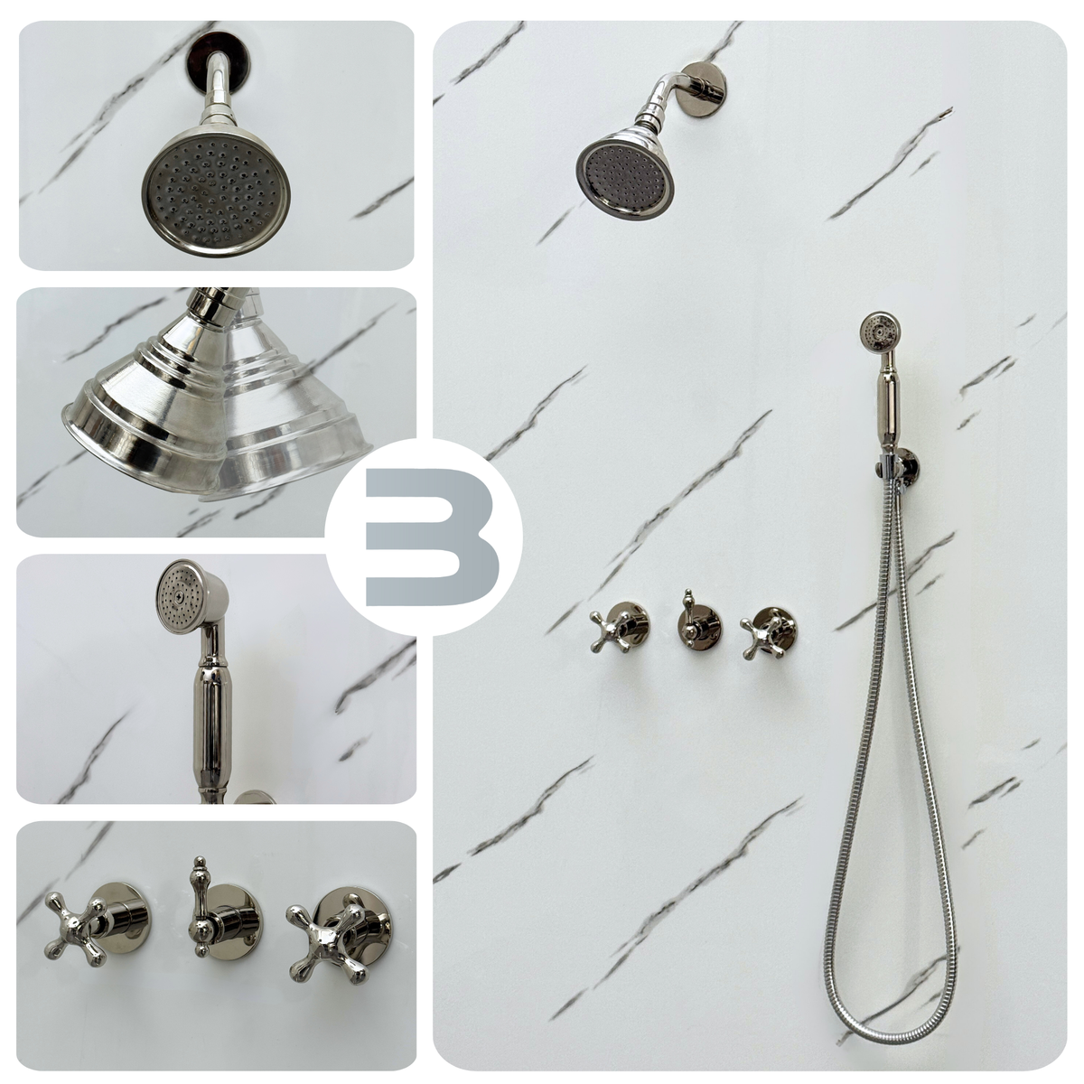 Polished Nickel Round Rain Shower System with Handheld — Short arm (PNCSS-020) — detail view 2
