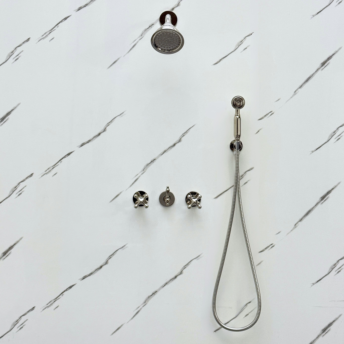 Polished Nickel Round Rain Shower System with Handheld — Short arm (PNCSS-020) — detail view 5
