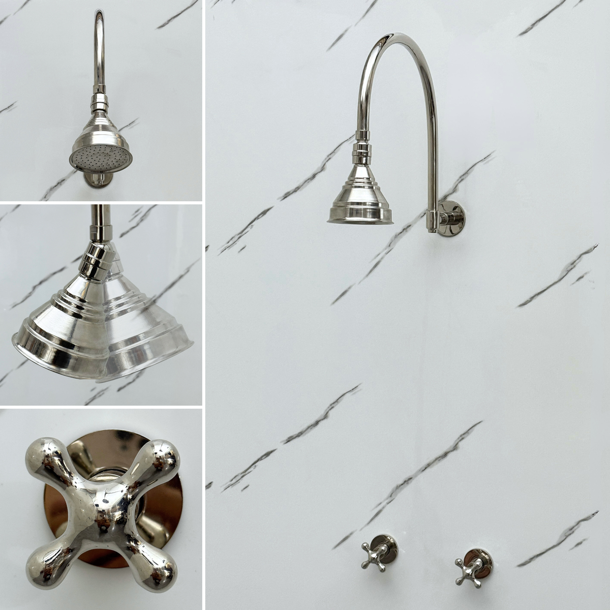 Polished Nickel Round Rain Shower System — Arcuate arm (PNCSS-002) — detail view 3