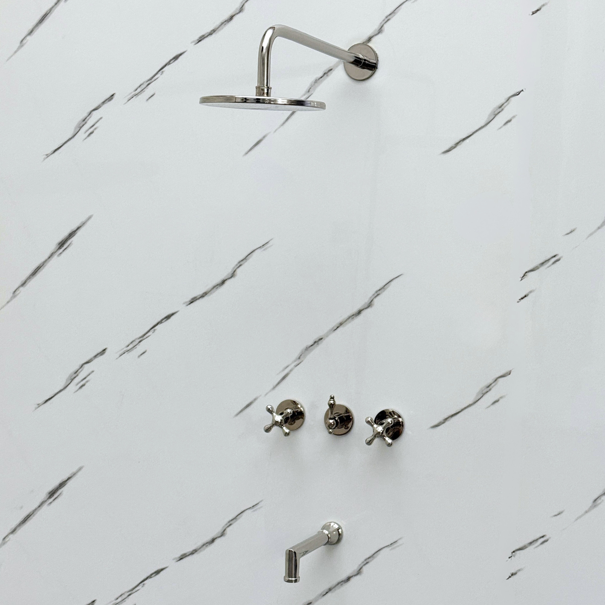 Polished Nickel Adjustable Flat Round Rain Shower System with Tub Filler — Straight arm (PNCSS-018) — detail view 8