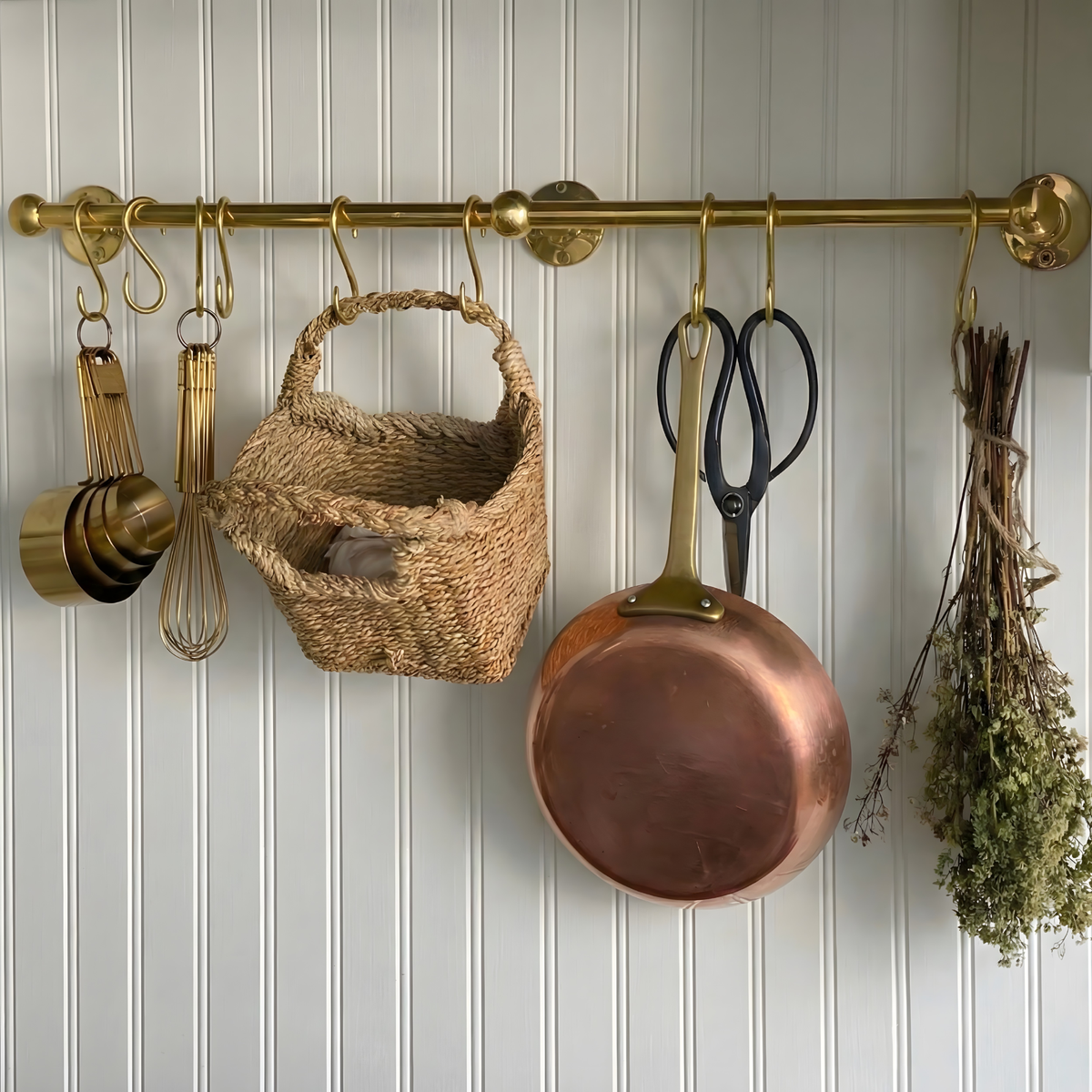 Unlacquered Brass Hanging Pot Rack, Kitchen Hook Rail, Wall Mount Rail with hooks - image 1