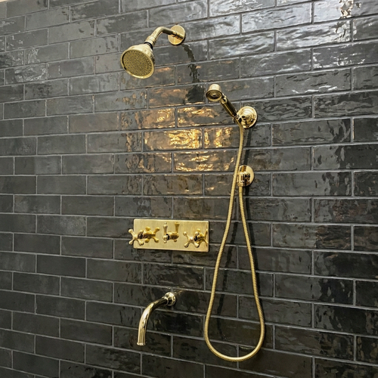 Unlacquered Brass Round Rain Shower System with Handheld & Tub Filler — Short arm (UBCSS-013) — shower system overview