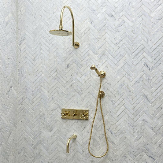 Unlacquered Brass Adjustable Flat Round Rain Shower System with Handheld & Tub Filler — Arcuate arm (UBCSS-014) — shower system overview