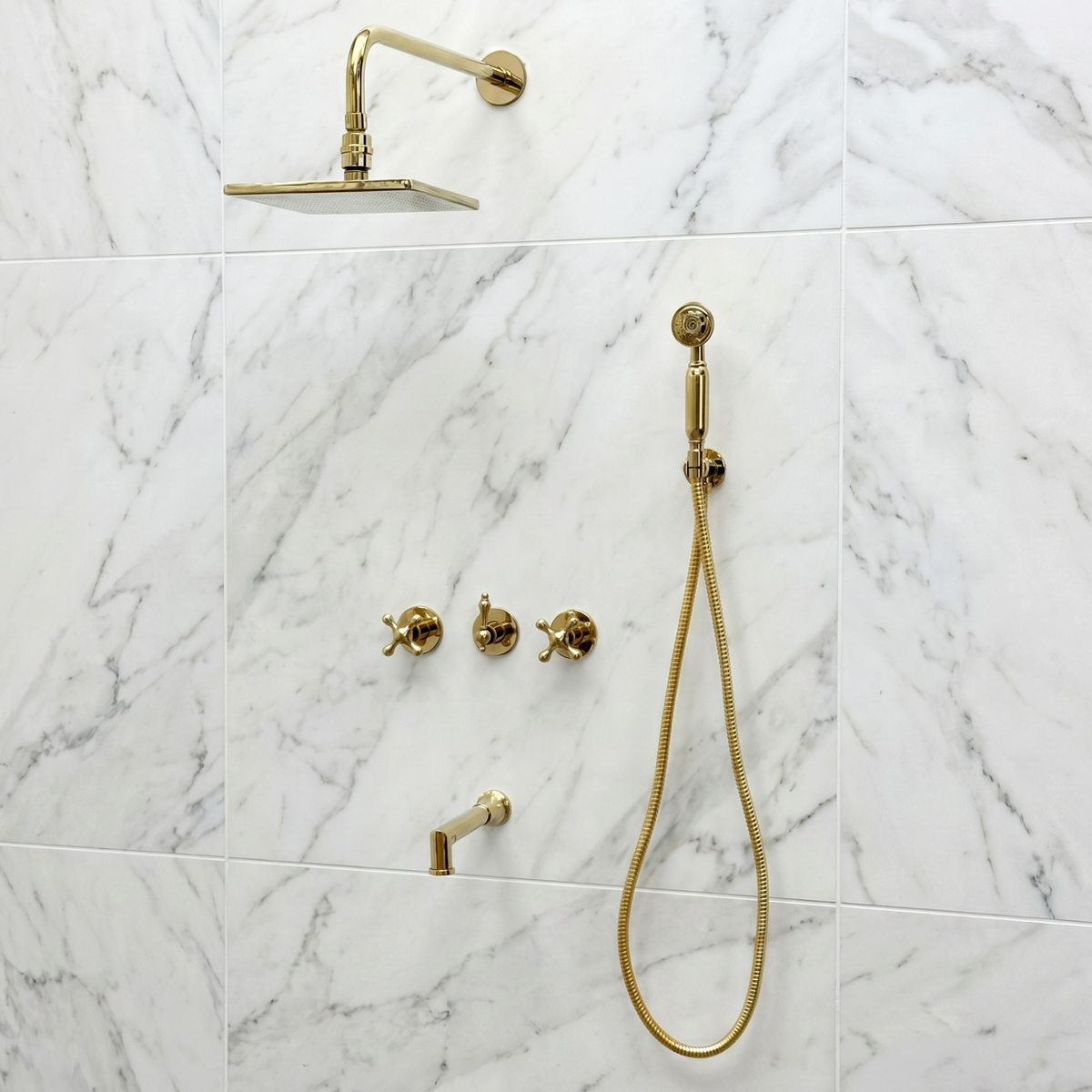 Unlacquered Brass Adjustable Square Rain Shower System with Handheld & Tub Filler — Straight arm (UBCSS-016) — shower system overview