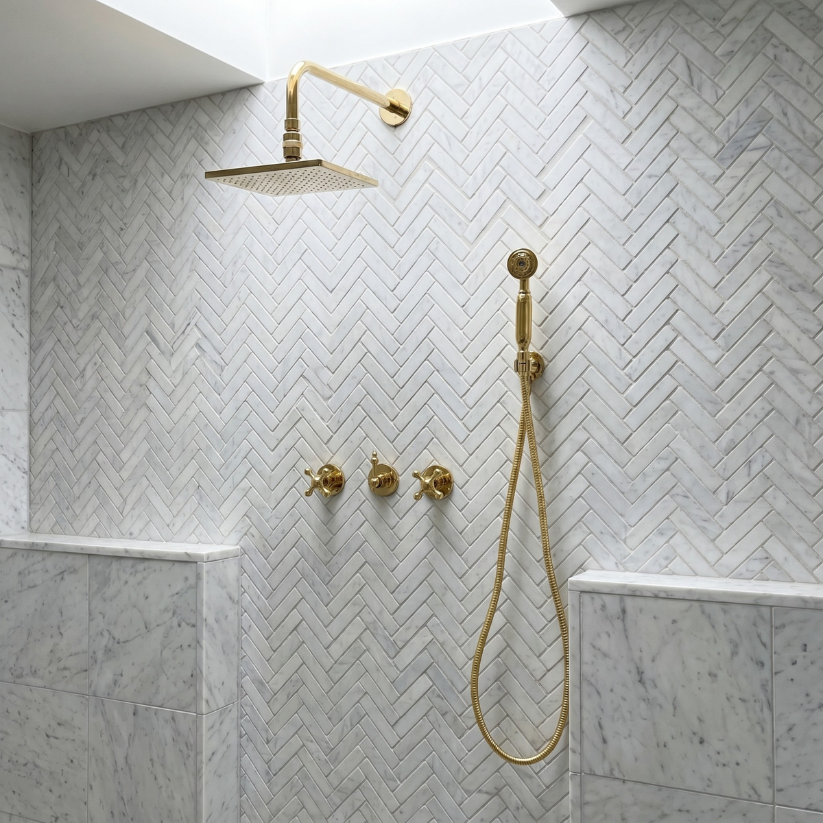 Unlacquered Brass Adjustable Square Rain Shower System with Handheld — Straight arm (UBCSS-017) — shower system overview