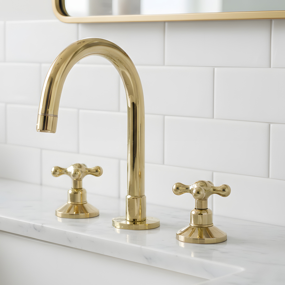 Dome unlacquered brass widespread faucet, 6" reach with cross handles