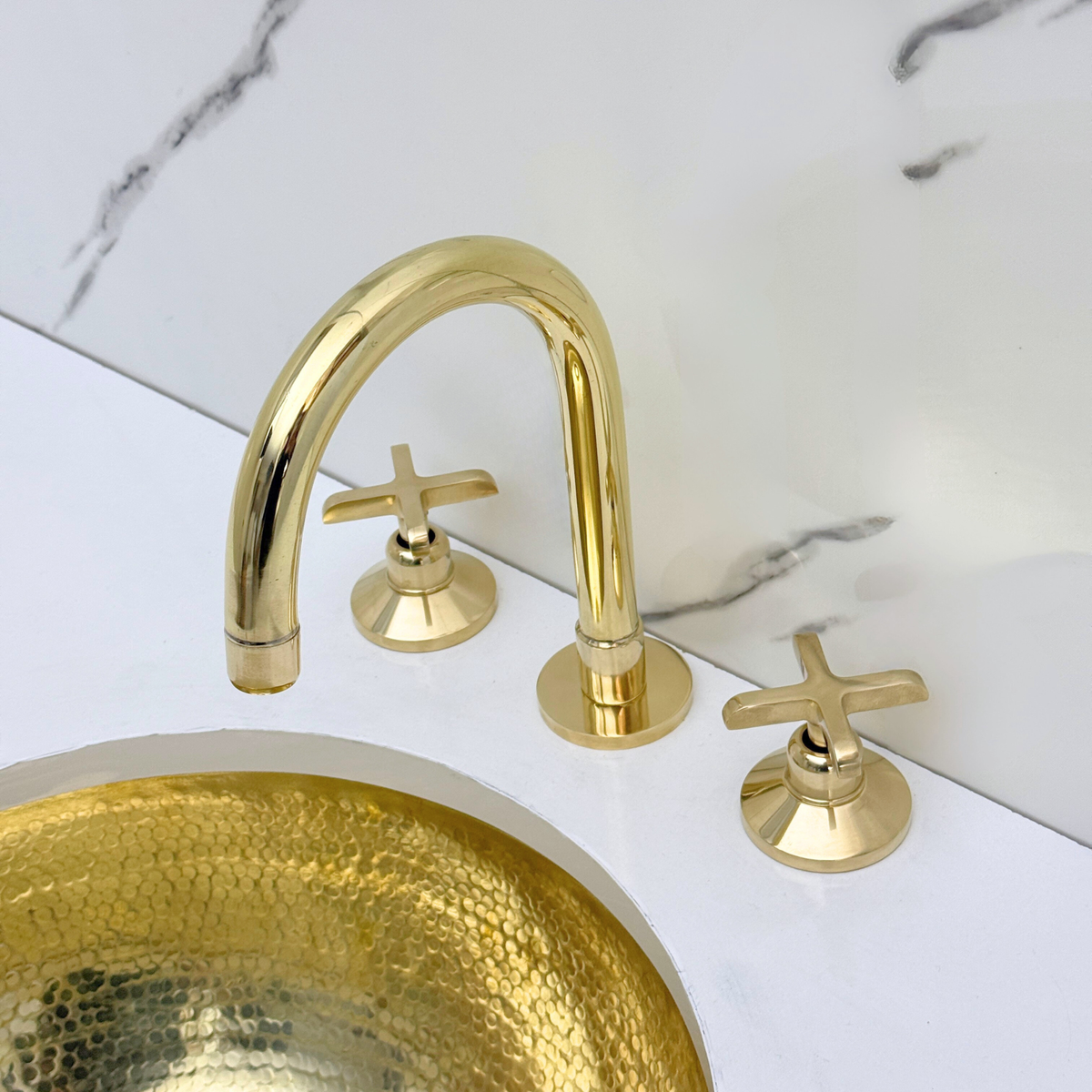 Dome unlacquered brass widespread faucet, 6" reach with cross handles – alternate view 7