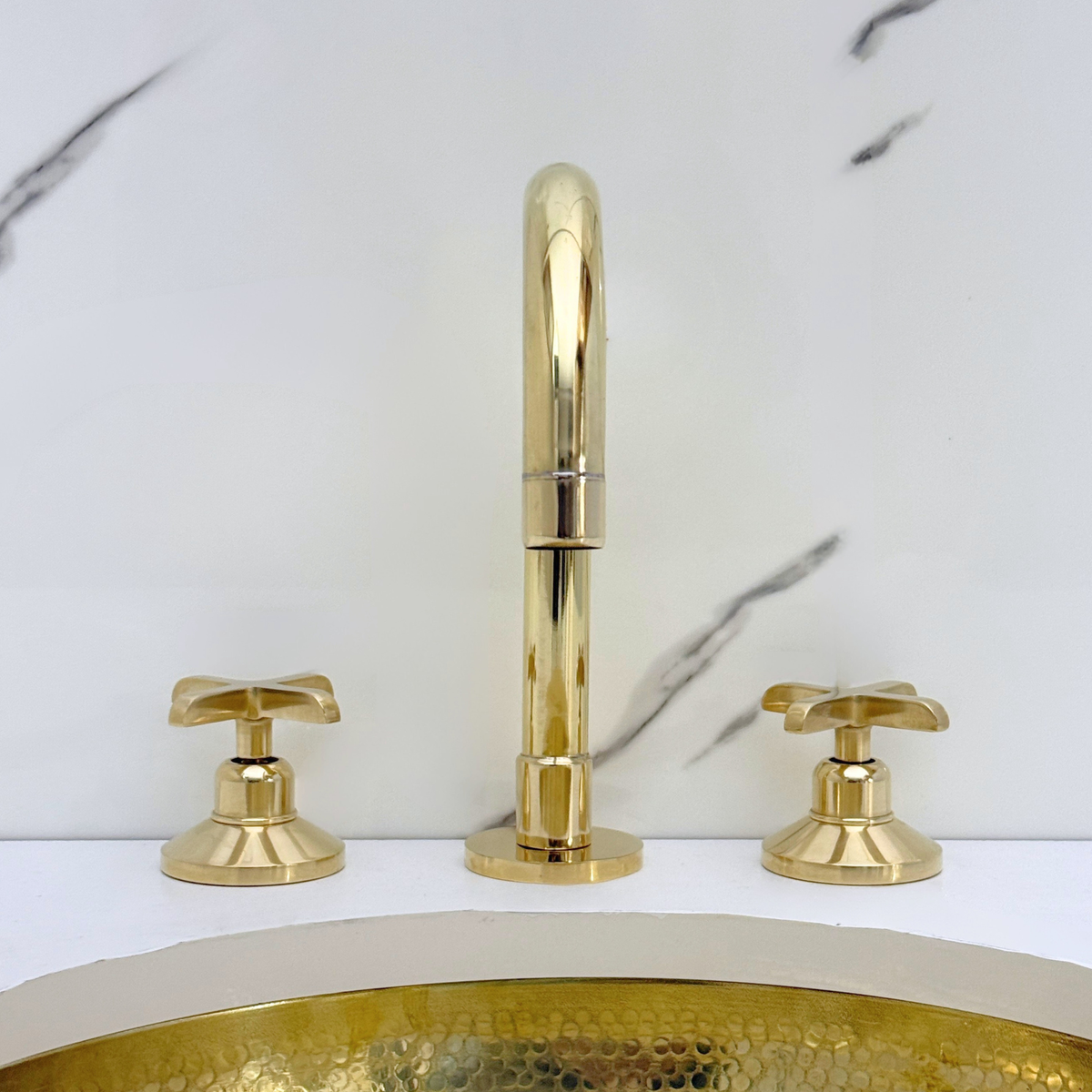 Dome unlacquered brass widespread faucet, 6" reach with cross handles – alternate view 6