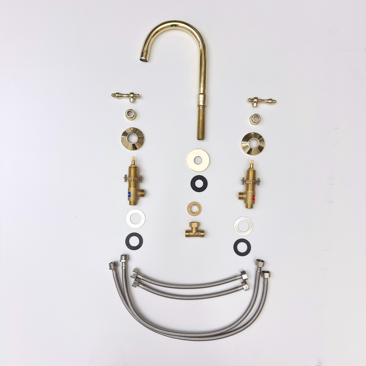 Gooseneck unlacquered brass widespread faucet, 6" reach with lever handles – alternate view 10