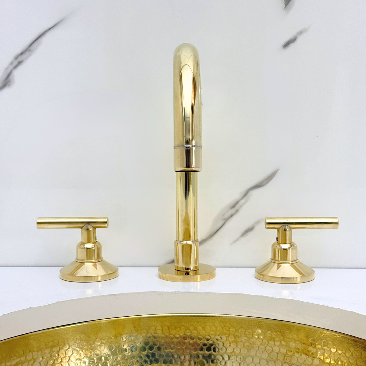 Gooseneck unlacquered brass widespread faucet, 6" reach with lever handles – alternate view 6
