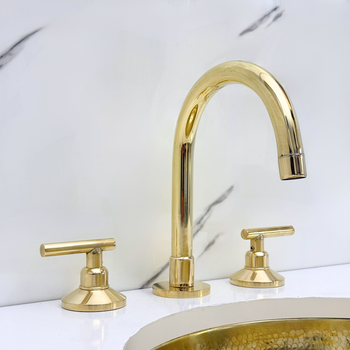 Gooseneck unlacquered brass widespread faucet, 6" reach with lever handles – alternate view 7