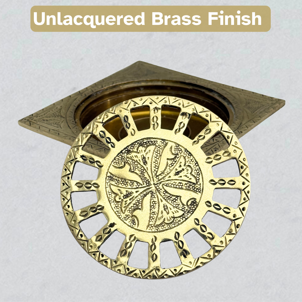 Unlacquered Brass Engraved Shower Drain with Removable Cover, Solid Brass Square Shower Drain - image 2