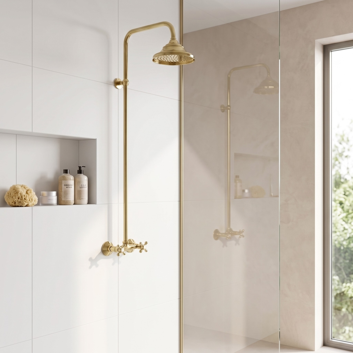 Unlacquered brass bell rain exposed shower system with adjustable riser — Marlow