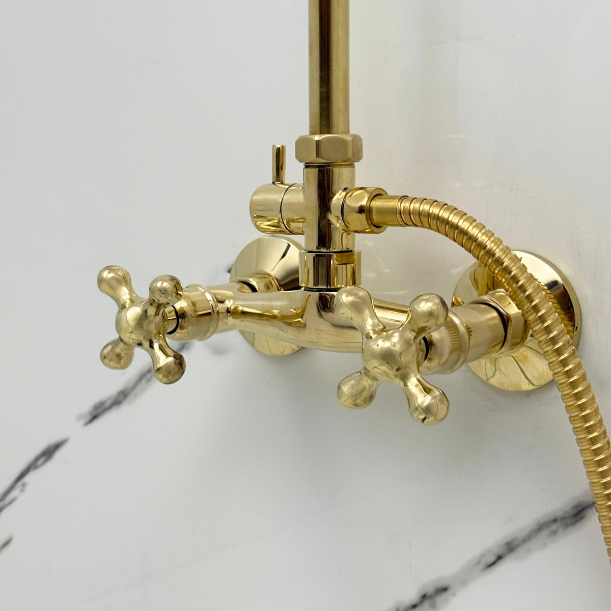 Unlacquered Brass Exposed Shower System with Flat Rainfall Head & Handheld