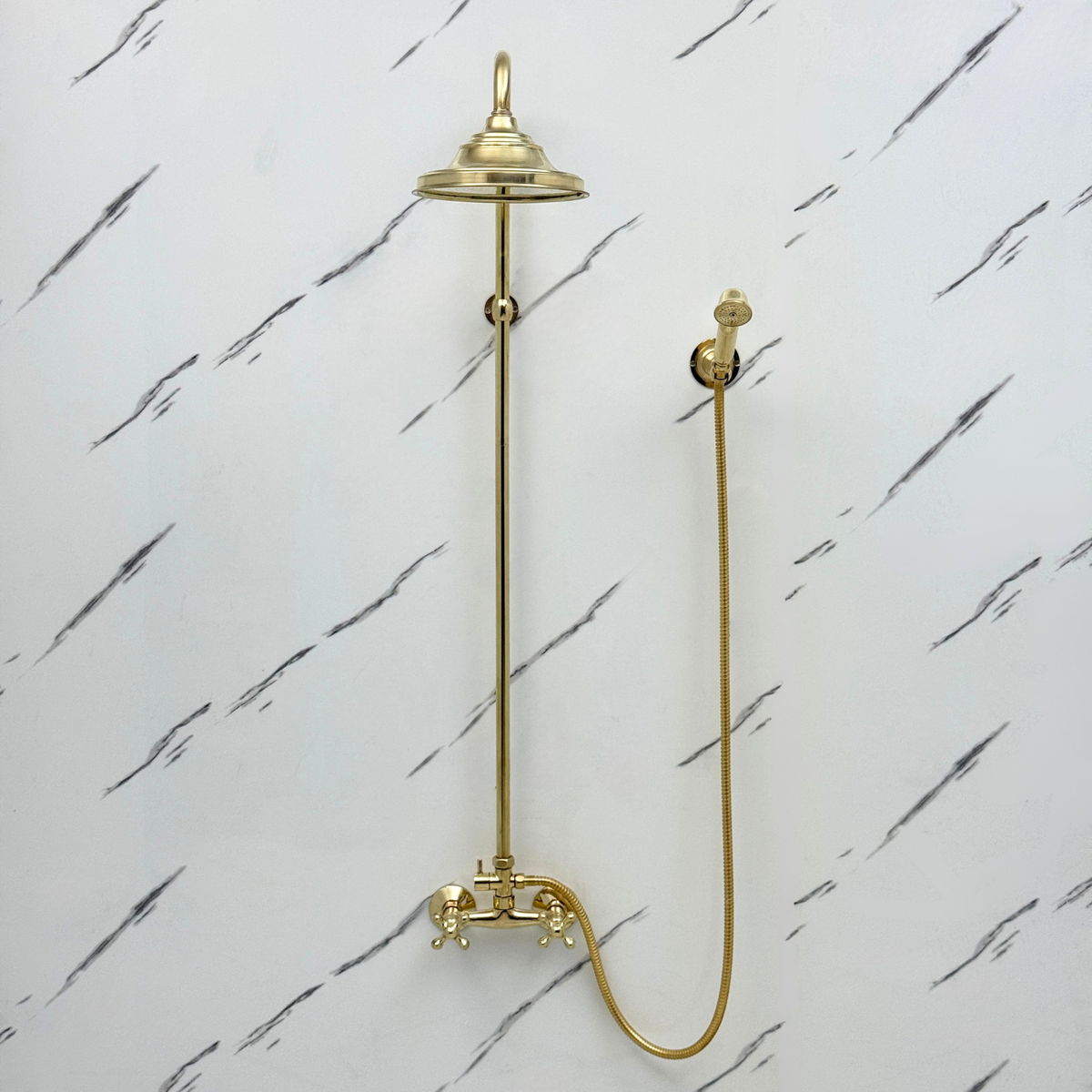 Unlacquered Brass Exposed Shower System with Rainfall Head & Handheld