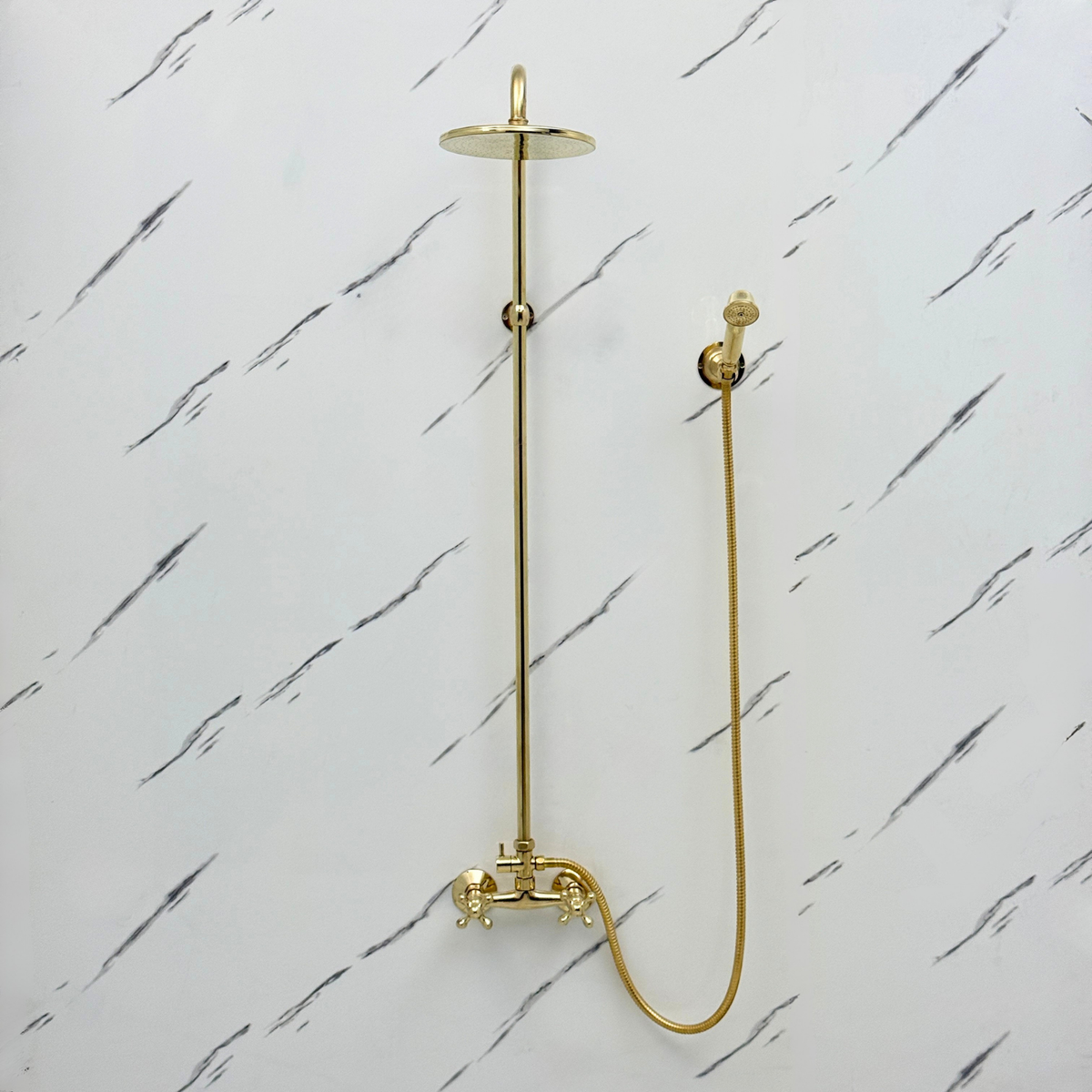 Unlacquered Brass Exposed Shower System with Flat Rainfall Head & Handheld