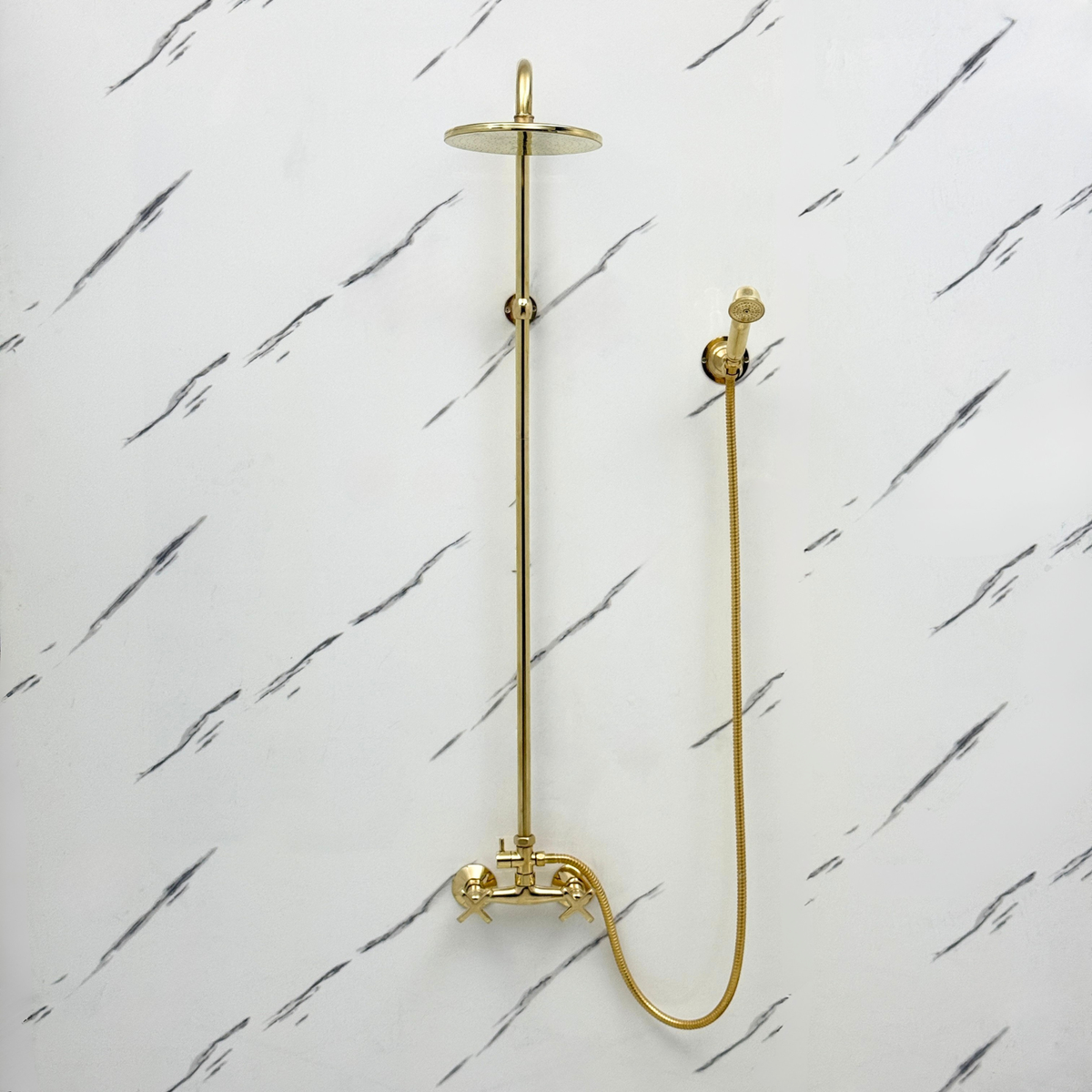 Unlacquered Brass Exposed Shower System with Flat Rainfall Head & Handheld