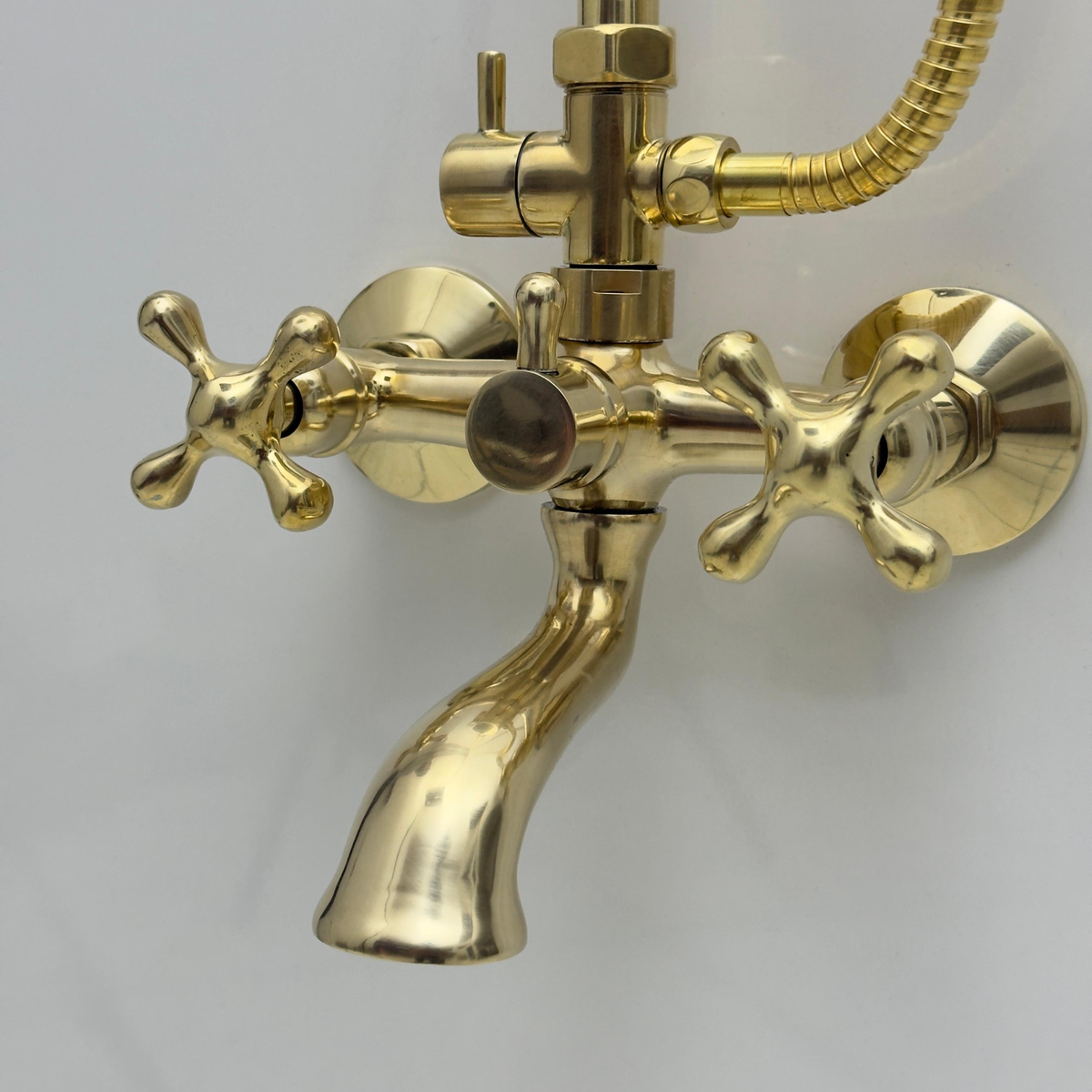 Unlacquered Brass Exposed Shower System with Rainfall Head, Handheld Shower & Tub Filler