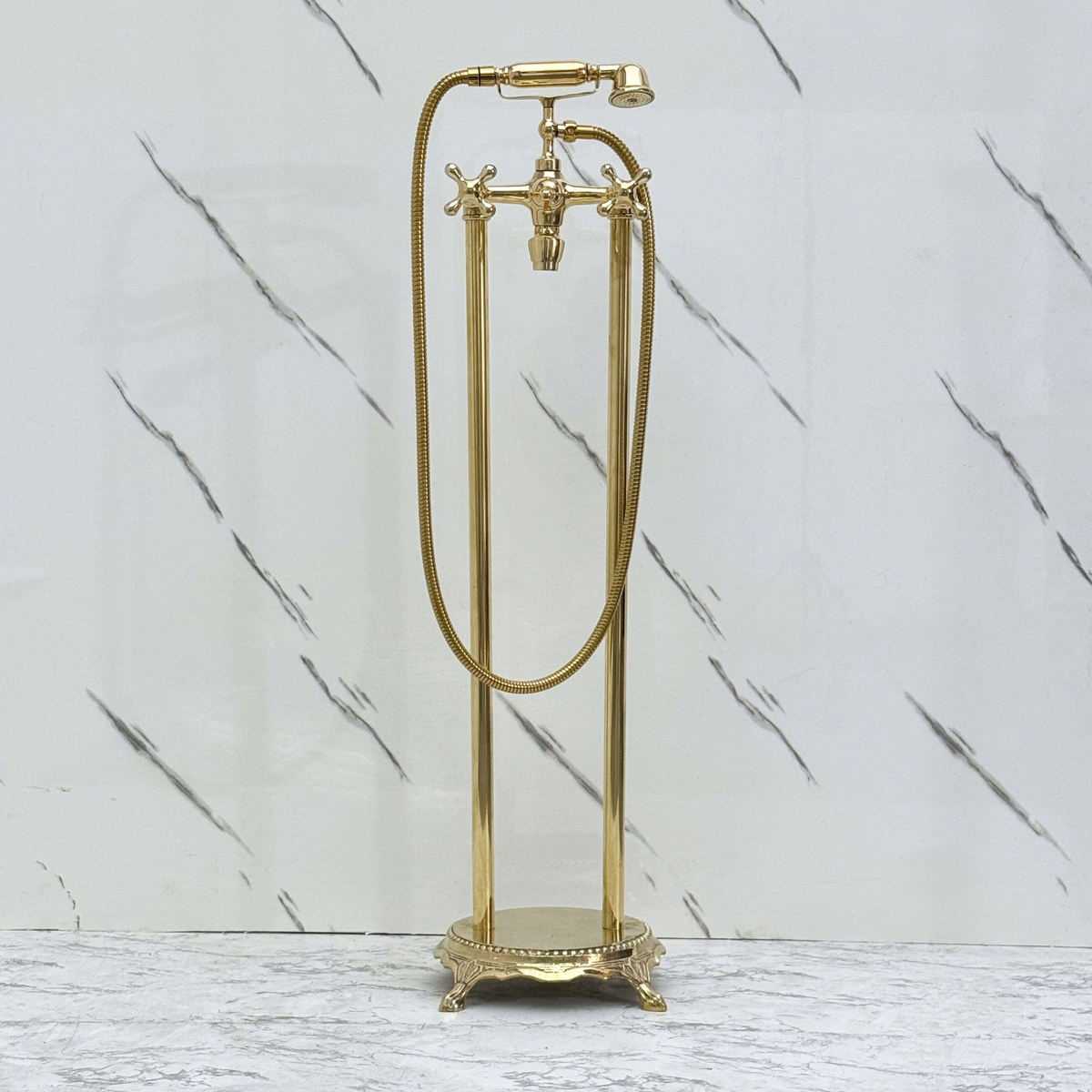 Unlacquered Brass Freestanding Bathtub Faucet, Solid Brass Clawfoot Tub Filler with Handheld Shower Head and - image 3