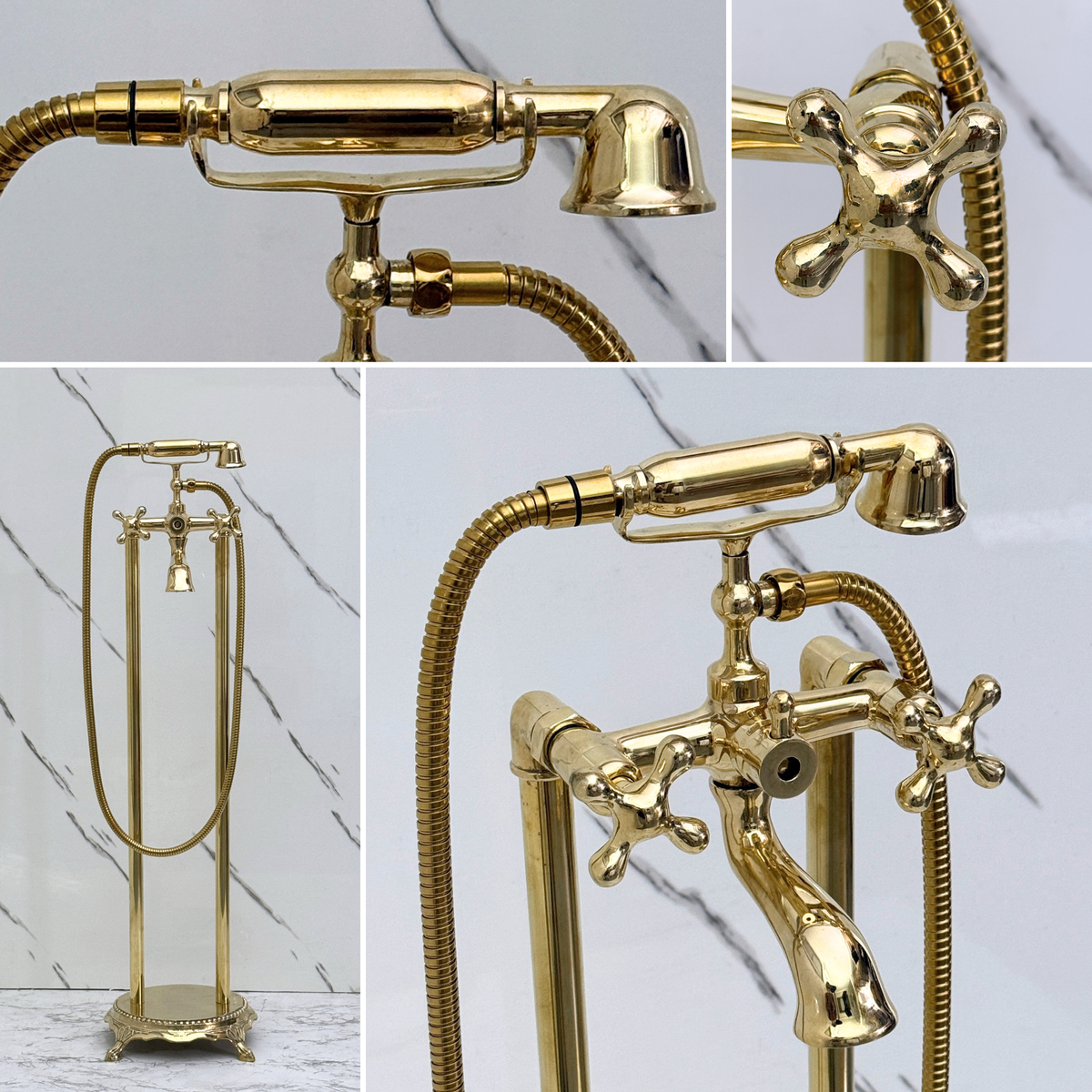 Unlacquered Brass Freestanding Bathtub Faucet, Solid Brass Clawfoot Tub Filler with Handheld Shower Head, - image 4