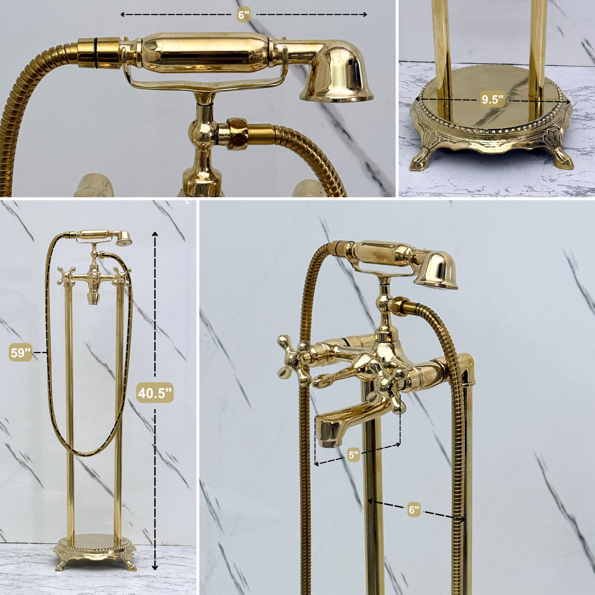 Unlacquered Brass Freestanding Bathtub Faucet, Solid Brass Clawfoot Tub Filler with Handheld Shower Head and - image 11