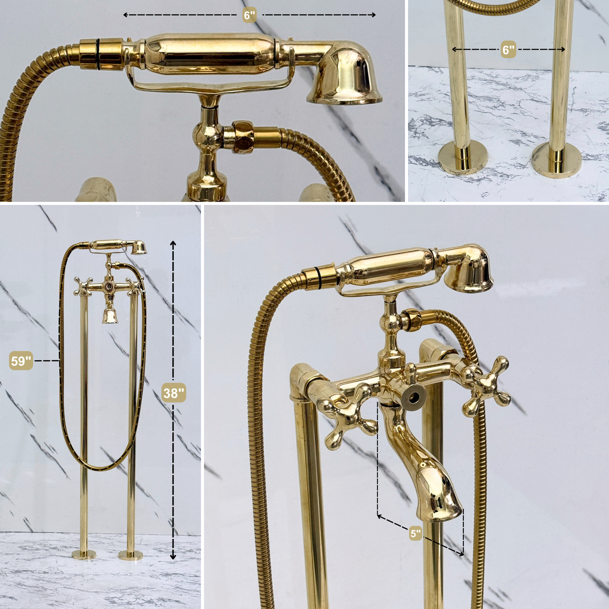 Unlacquered Brass Freestanding Tub Filler with Handheld Shower - image 11