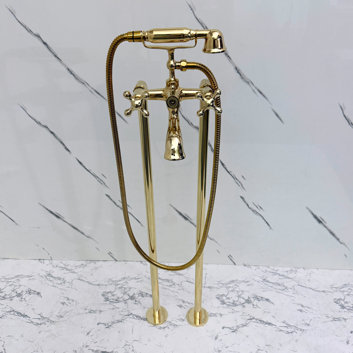 Unlacquered Brass Freestanding Tub Filler with Handheld Shower - image 6