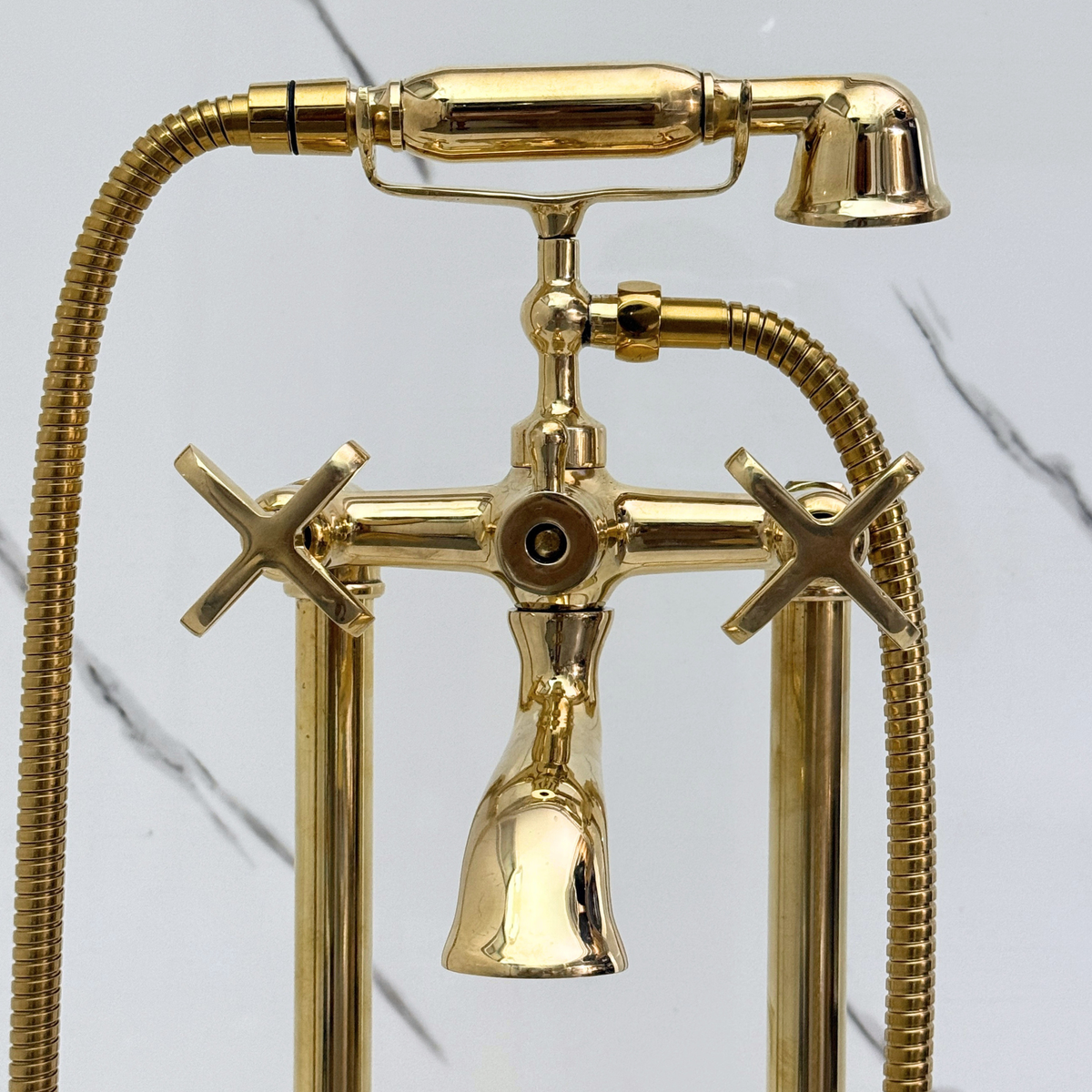 Unlacquered Brass Freestanding Tub Filler with Handheld Shower - image 8