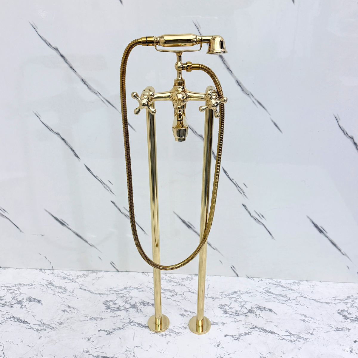 Unlacquered Brass Freestanding Bathtub Faucet, Solid Brass Tub Filler with Handheld Shower Head and Cross - image 6