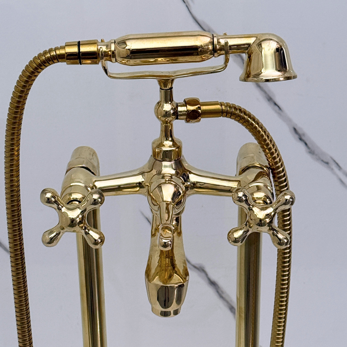 Unlacquered Brass Freestanding Bathtub Faucet, Solid Brass Tub Filler with Handheld Shower Head and Cross - image 8