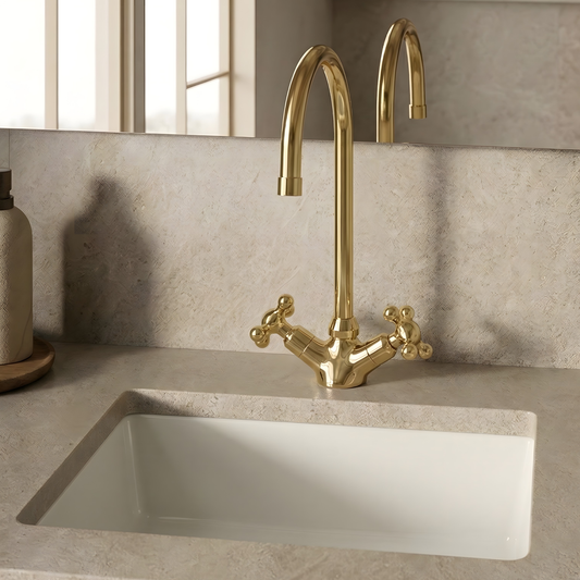 Gooseneck unlacquered brass single-hole faucet, 7" reach with cross handles