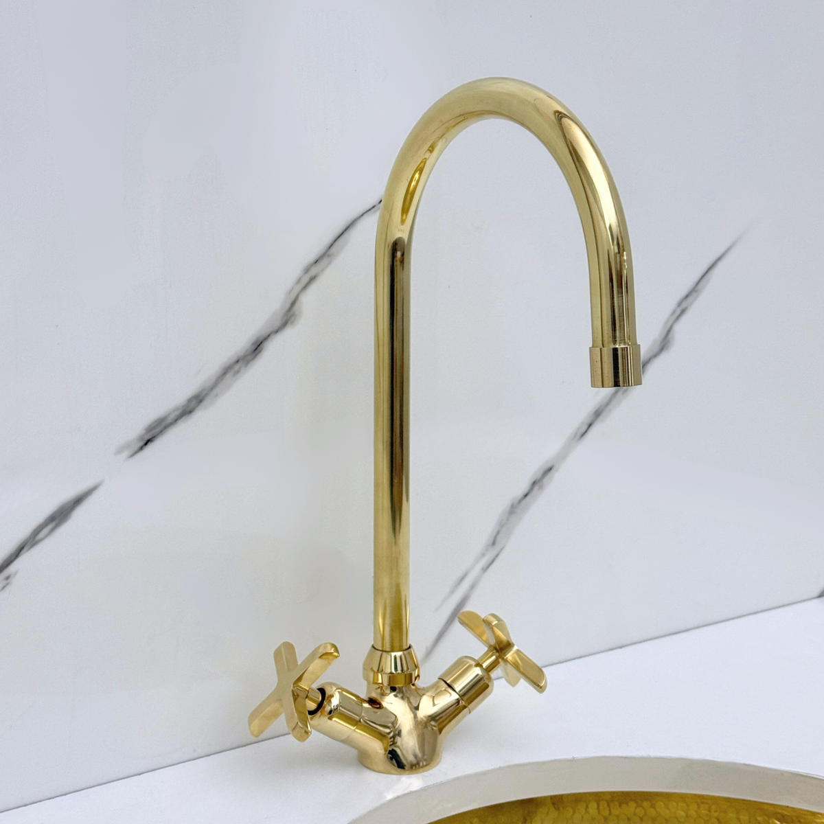 Gooseneck unlacquered brass single-hole faucet, 7" reach with cross handles – alternate view 10