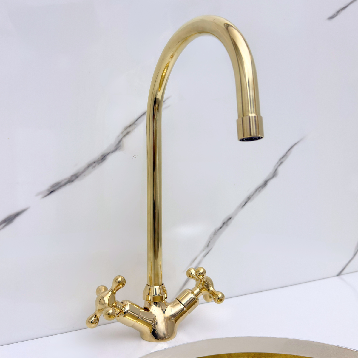 Gooseneck unlacquered brass single-hole faucet, 7" reach with cross handles – alternate view 2