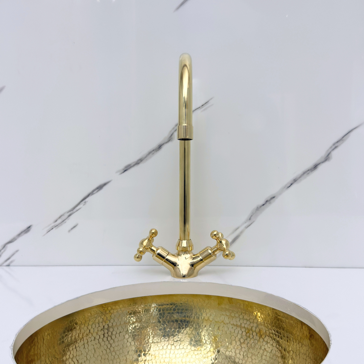 Gooseneck unlacquered brass single-hole faucet, 7" reach with cross handles – alternate view 4