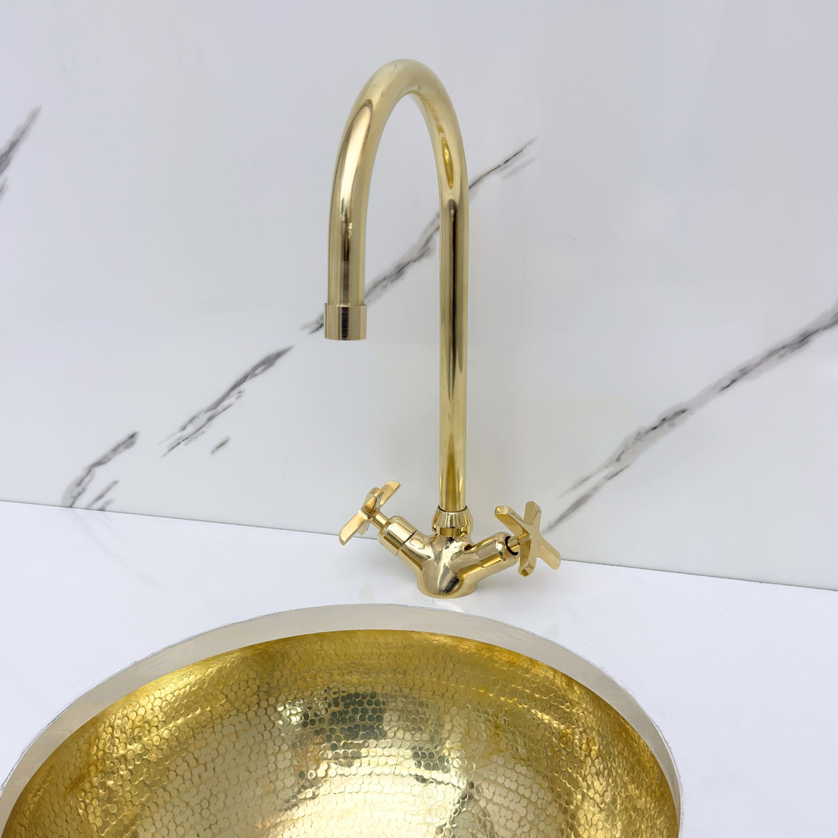 Gooseneck unlacquered brass single-hole faucet, 7" reach with cross handles – alternate view 9