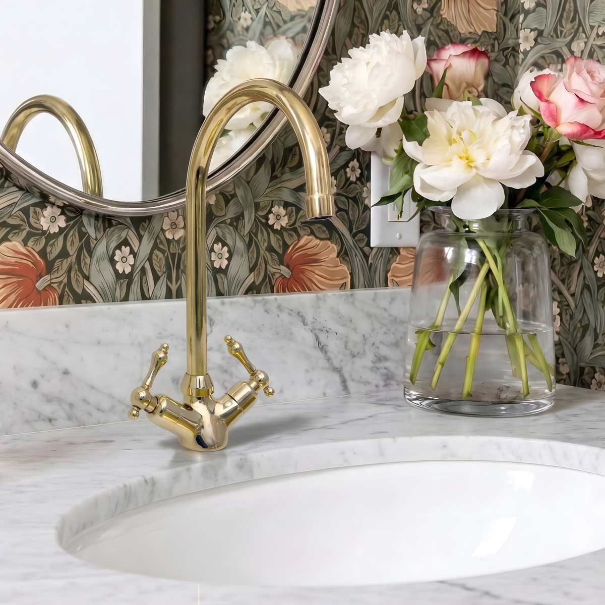 Gooseneck unlacquered brass single-hole faucet, 7" reach with lever handles