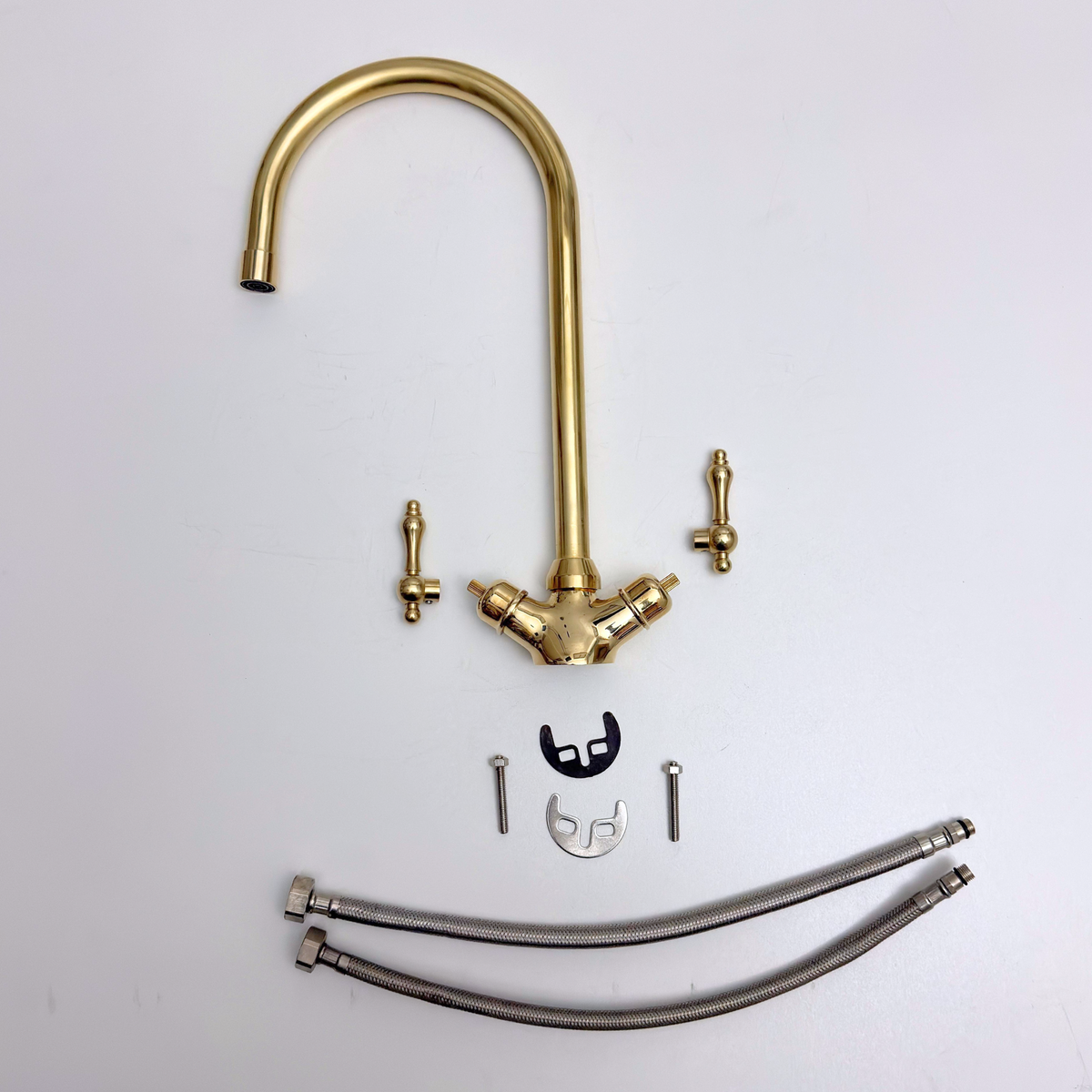 Gooseneck unlacquered brass single-hole faucet, 7" reach with lever handles – alternate view 10