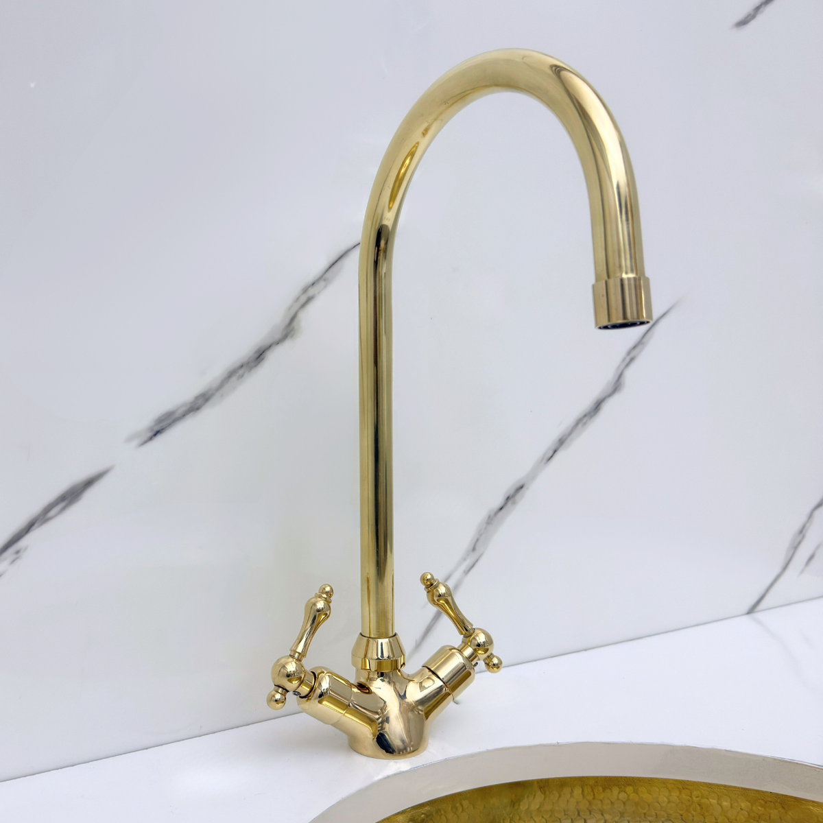 Gooseneck unlacquered brass single-hole faucet, 7" reach with lever handles – alternate view 3
