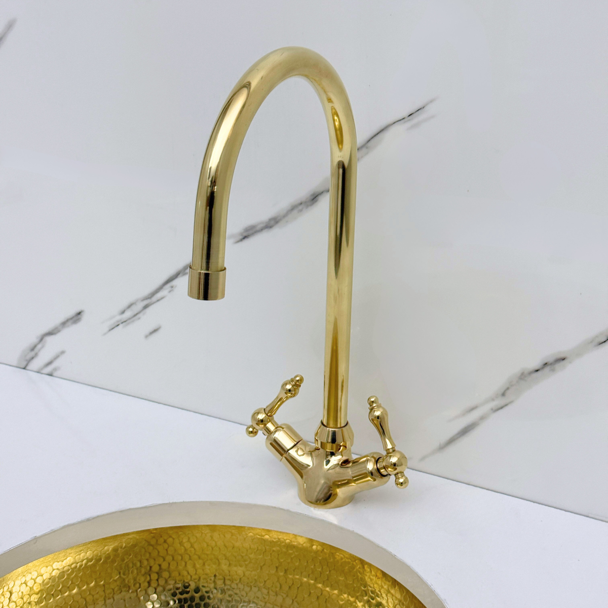 Gooseneck unlacquered brass single-hole faucet, 7" reach with lever handles – alternate view 5