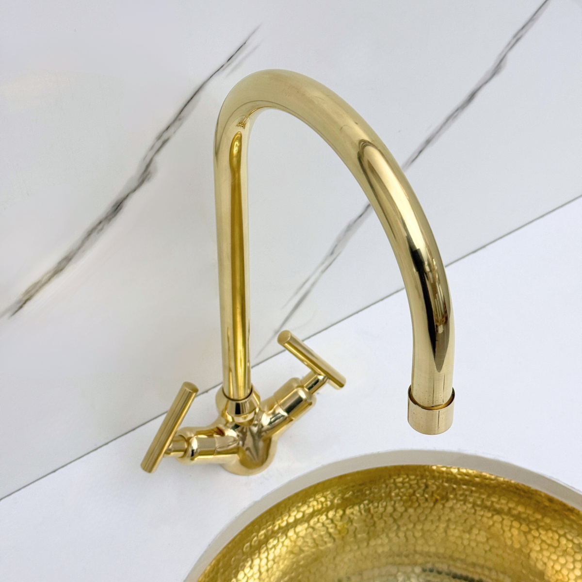 Gooseneck unlacquered brass single-hole faucet, 7" reach with lever handles – alternate view 7