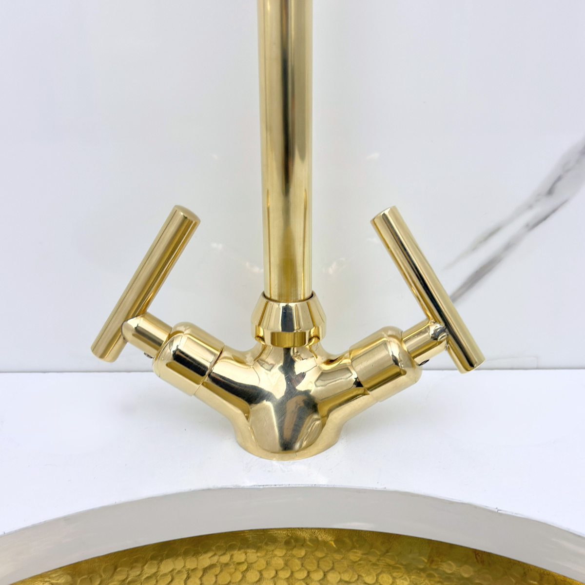 Gooseneck unlacquered brass single-hole faucet, 7" reach with lever handles – alternate view 8