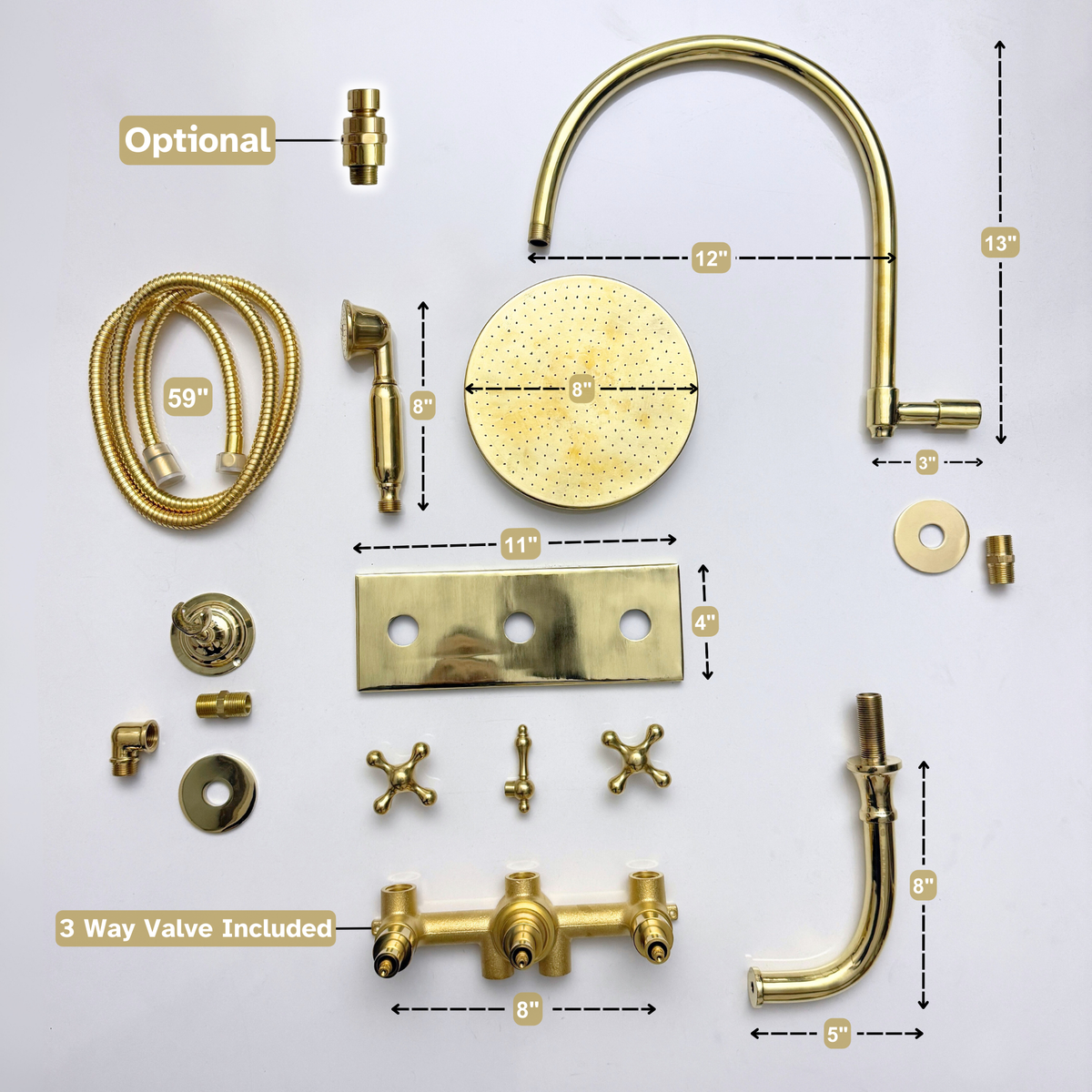 Unlacquered Brass Adjustable Flat Round Rain Shower System with Handheld & Tub Filler — Arcuate arm (UBCSS-014) — detail view 14