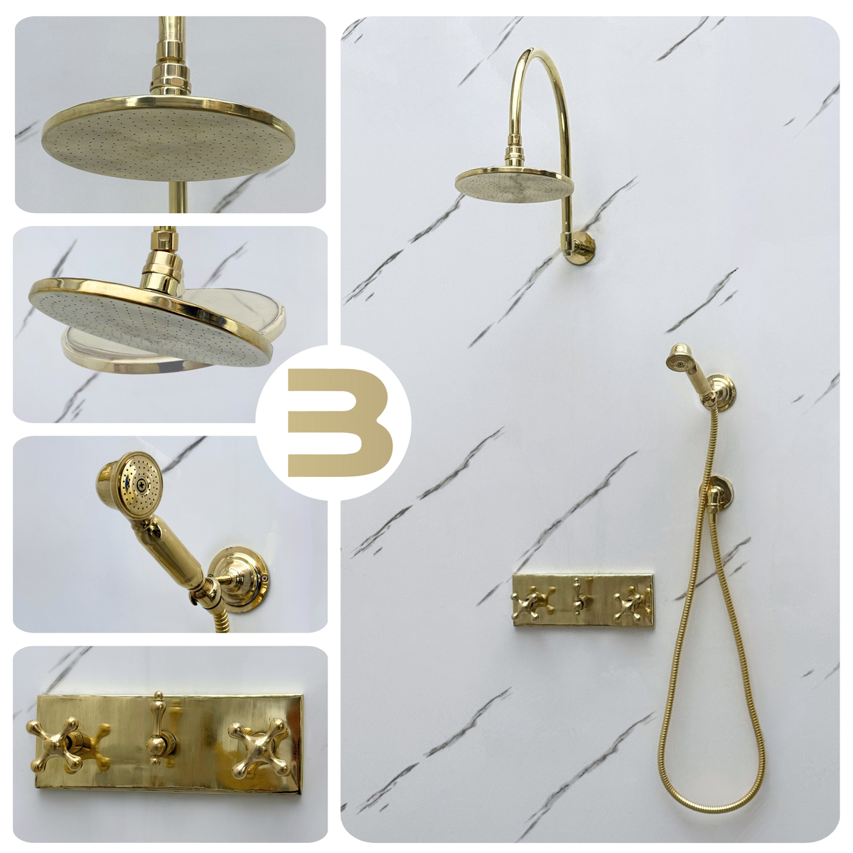 Unlacquered Brass Adjustable Flat Round Rain Shower System with Handheld — Arcuate arm (UBCSS-012) — detail view 3