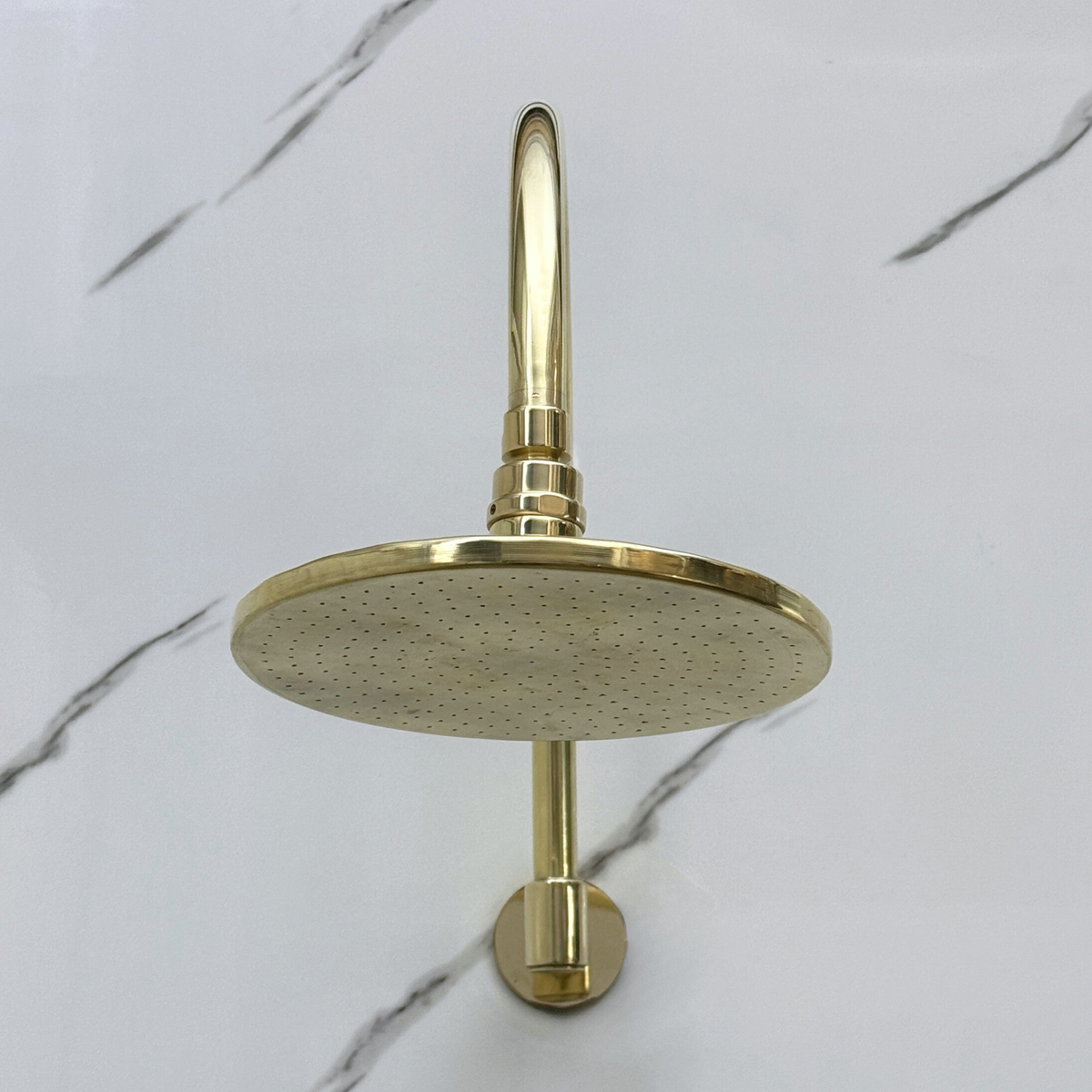 Unlacquered Brass Adjustable Flat Round Rain Shower System with Handheld — Arcuate arm (UBCSS-012) — detail view 6